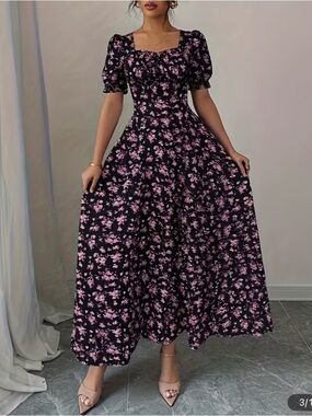 Black Floral Puff-Sleeve Maxi Dress with Pink Accents